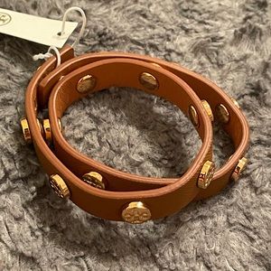 NWT Tory Burch Double Wrap Logo Stud Bracelet in Brown and Gold
